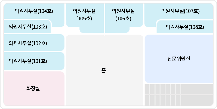 왼쪽 위에서부터 의원사무실(104호), 의원사무실(105호), 의원사무실(106호), 의원사무실(107호), 의원사무실(108호), 의원사무실(103호), 의원사무실(102호), 의원사무실(101호), 화장실, 홀, 전문위원실이 있습니다