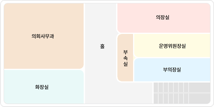 왼쪽 위에서부터 의회사무과, 홀, 의장실, 부속실, 운영위원장실 부의장실, 화장실이 있습니다